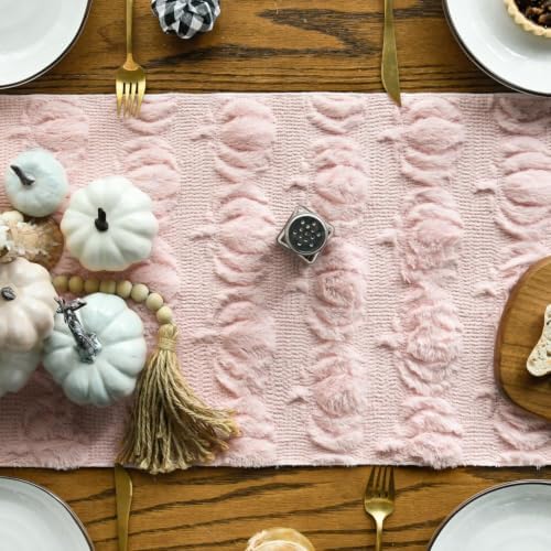 Artoid Mode Pink Soft Faux Fur Pumpkins Fall Table Runner 13x90 Inch