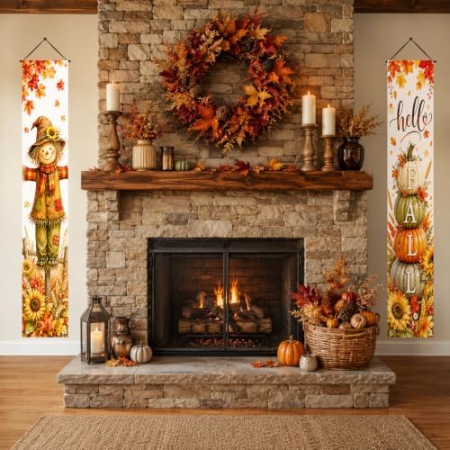 IVN Fall Scarecrow Pumpkin Tower Porch Banners 12x71 Inch Set of 2