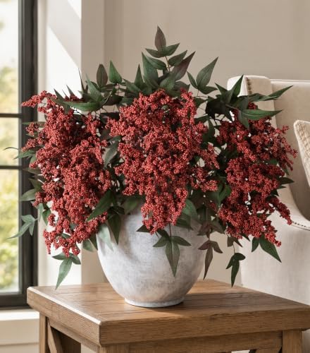 Artificial Flowers 35 Inch Artificial Nandina Berry Stem 3 Pcs Faux Flowers for Vase Realistic Sedum Spray for DIY Bouquet, Shower, Farmhouse, Mantel, Home Decor(Burgundy)