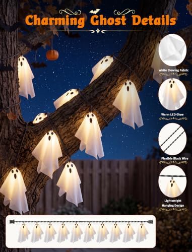 Halloween Ghost String Lights Outdoor, White Fabric Hanging Ghost Lights