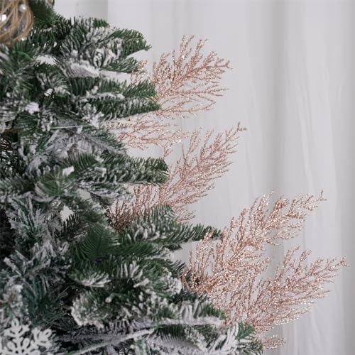 Christmas Glitter Berries Stems 16pcs Artificial Berry Picks for Christmas Tree Ornaments fillers, DIY Xmas Wreath, Crafts, Garland, Holiday, Party, Wedding and Home Decoration (Rose Gold)