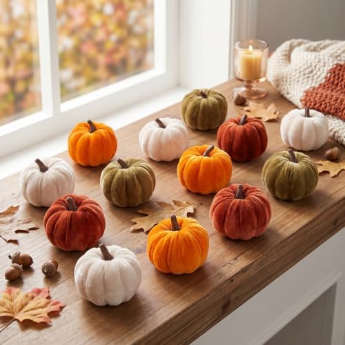 FJAKA 12 Pcs Velvet Pumpkin Mini Decor, Artificial Small Foam Pumpkins Fall Thanksgiving Home Table Indoor Decorations