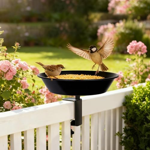 Balcony Bird Feeder for Deck Railing, Mounted with Seed Tray, Black