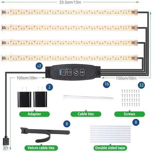 13 Inches Plant Growing Lamp Strips, Full Spectrum LED 3500K Grow Light for Indoor Plants with 3/9/12H Timer and 10 Dimmable Levels for Green House Hydroponics Succulent and Shelf, 4 Head 2 Pack