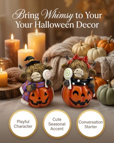 Halloween Decoration Indoor Resin Figurines (Highland Cow Jack-o’-Lantern)