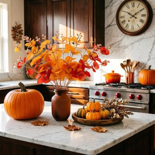Laelfe Fall Eucalyptus Stems Leaves Branches Fake Flower Arrangement Farmhouse Decor (Fall Mixed Colors)