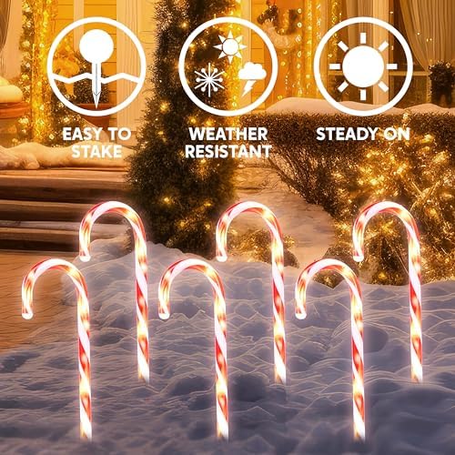 Joiedomi 12 Pcs Christmas Candy Cane Pathway Markers Lights, 12” Stakes Lights with Warm White, Waterproof Outdoor Decorations for Holiday Xmas Indoor,Yard,Patio,Garden,Walkway