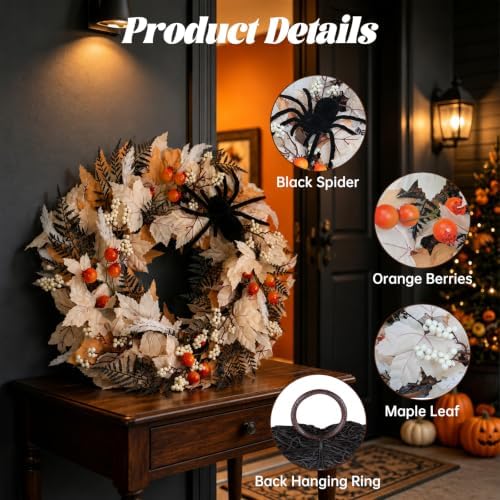 26" Halloween Wreaths for Front Door with Spider, Maple Leaf