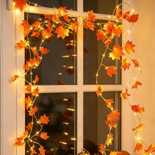 Maple Leaf String Lights, 2 Pack Battery Operated Fall Garland