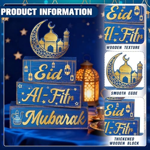 Yousoontic 4 Pcs Eid Mubarak Wooden Table Decor, Ramadan Mubarak Tiered Blocks Islamic Muslim Tabletop Decorations, Moon and Lantern Design, Blue and Gold Eid Table Centerpiece for Home Office