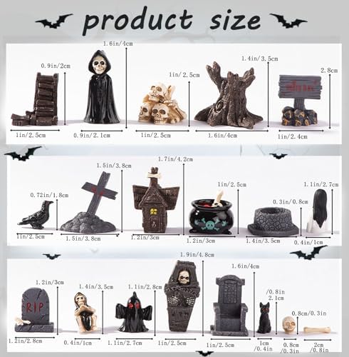 Tahonuss 19pcs Halloween Mini Figurines Creative Miniature Skull Heads Crow Tombstone Scene Ornaments Set Halloween Horror Village Collections Resin Crafts for Party Favors Fillers Tabletop Decor (A)