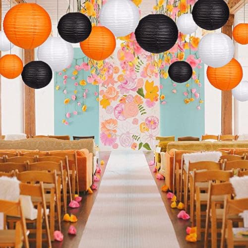 Round Hanging Paper Lanterns Orange and Black Party Decorations 15pcs