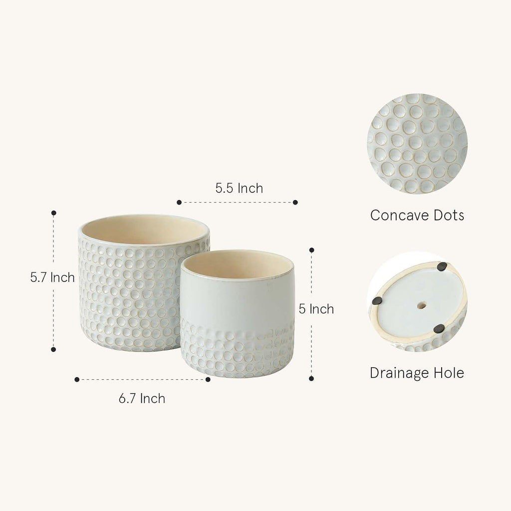La Jolie Muse Ceramic Planter - 6.7+5.5 Inch Concave Dot Patterned Cylinder Flower Pot W/Drain Hole for Indoor, Set of