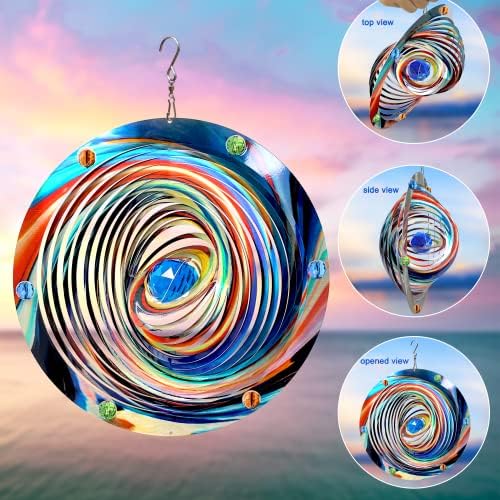 FONMY Mandala Wind Spinner w/Crystal Ball-Blue Plenet 3D Stainless Steel Hanging Spinners Worth Gift Christmas Decoration Indoor/Outdoor Garden Décor Kinetic Yard Art 12 Inches Wind Sculpture