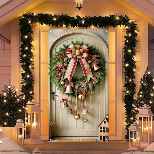BlissYard Christmas Door Cover Bell Bow 35x71 Inch Polyester