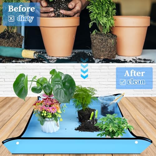SupKing Repotting Mat 29.5"x 29.5" for Indoor Plant Transplanting Large Blue Garden Mat Gift for Plant Lovers Oxford Fabric Portable Potting Tray for Gardening Mess Control