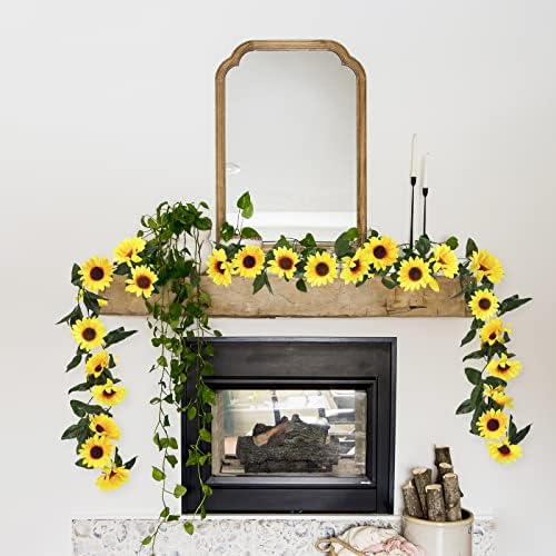Uieke 3 Pack Artificial Sunflower Garland, 7.5ft/Strand Silk Sunflowers Hanging Vines Flowers with Green Leaves for Room Kitchen Garden Birthday Wedding Baby Shower Party Table Decor Large
