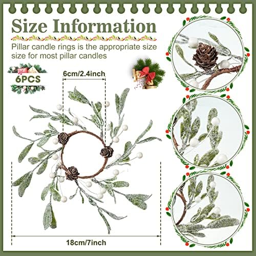 Geosar 6 Pack Christmas Candle Rings Frosted Mistletoe Pearl Wreaths