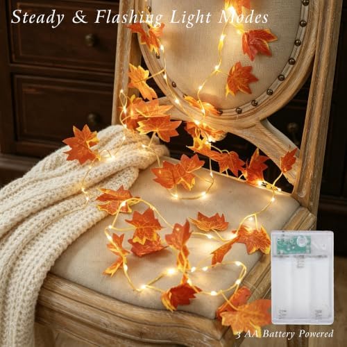 Maple Leaf String Lights, 2 Pack Battery Operated Fall Garland