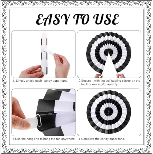 Outus 9 Pcs Black and White Paper Fans Classroom Decorations Candy Paper Fans Peppermint Hanging Candy Cane Ceiling Wall Decor for Halloween Party Back to School Classroom Birthday Party Decoration