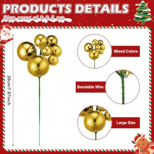 Daifunli Christmas Tree Picks 7.87 Inch Christmas Balls Ornaments Xmas Hanging Decorations for Xmas Tree Topper DIY Wreath Holiday Floral Vase Fillers Crafts Home Decor(Gold,8 Pcs)