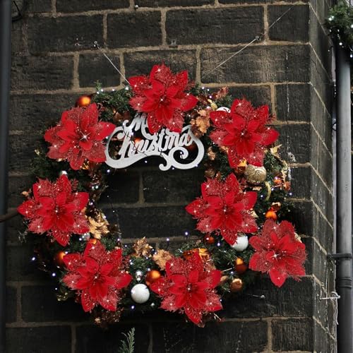 15 PCS Poinsettia Flower Artificial Poinsettia with Clips Christmas Decor Glitter Poinsettia Christmas Ornaments Christmas Tree Flower Decorations with Stems DIY Xmas Wreath Holiday Home Party Decor