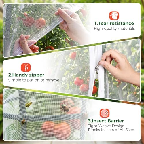 3Pcs Garden Bird Netting Plant Cover for Tomato Cage, 67" x 17.7" Insect Bird Barrier Tomato Cage Net with Zipper, Tomato Trellis Plant Netting Cover for Square Tomatoes Cages Plants Garden Protection