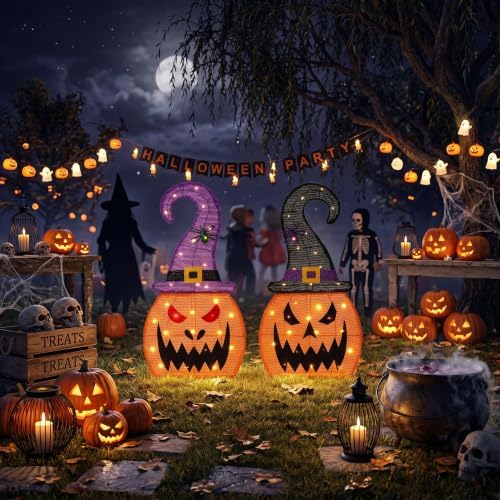 28" H Halloween 2D Lighted Pumpkin Yard Outdoor Decor Set of 2, 60L