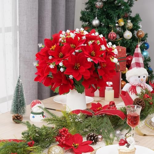 Christmas Artificial Flowers for Outdoors 12PCs Red Faux Poinsettia