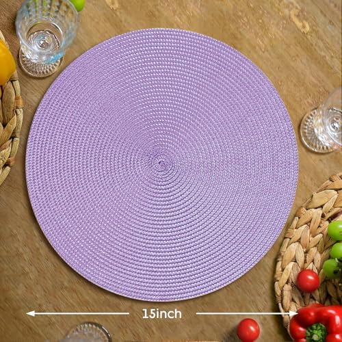 FunWheat Round Braided Placemats Set of 4 Table Mats for Dining Tables Woven Washable Non-Slip Place mats 15 inch(Lilac Purple,4pcs)