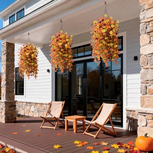 Fake Mums Fall Artificial Flowers Hanging Basket for Outdoor Decoration