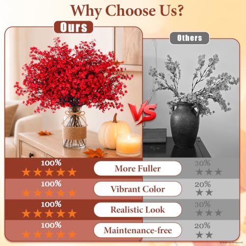 Yastouay 30 Pcs Baby Breath Flowers Artificial Bulk, Fake Fall Flowers, Red
