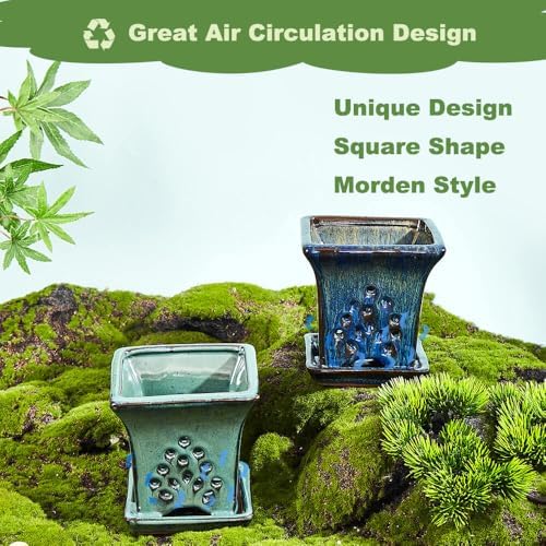 Ceramic Orchid Pots with Holes attached Saucers 4.8 Inches - Set of 2 Small Square Orchid Pots for Repotting, Decorative Ceramic Orchid Planter with Hole for Healthy Root Growth Blue and Green