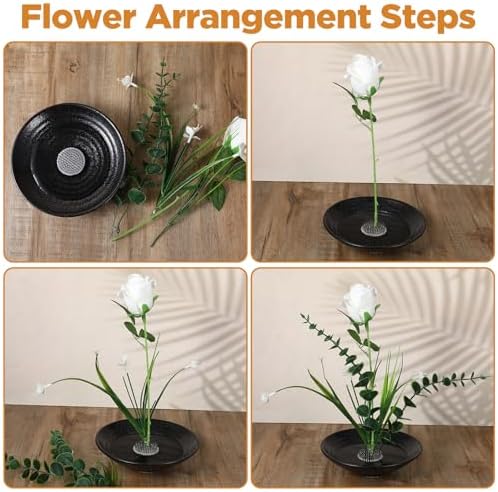 Japanese Ikebana Kit, Ceramic Bowl Vase, Floral Frog Flower Container with Kenzan Needle Straightening Tool, 6.7 Inch & 1.57 Inch Black for Floral Arrangement Art, Home Office Decor