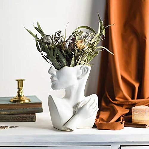 Ceramics Statue Flower Vase Face Pots Bust Head Shaped for Birthday Gifts Home Office Decoration (White)