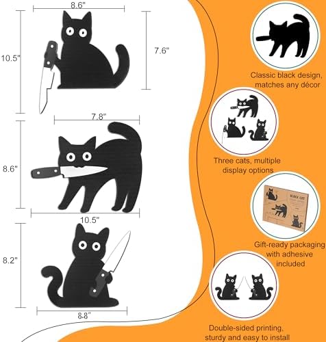 Dripykiaa Funny Black Cat Halloween Wall Decor Set, 3 Pcs Wooden Cats