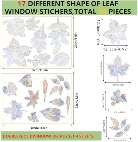 34 Pcs Fall Window Clings for Glass Window, Reflective Bird Deterrent, Window Decals to Prevent Bird Strikes- Anti-Collision Window Stickers for Birds, Fall Decorations for Home