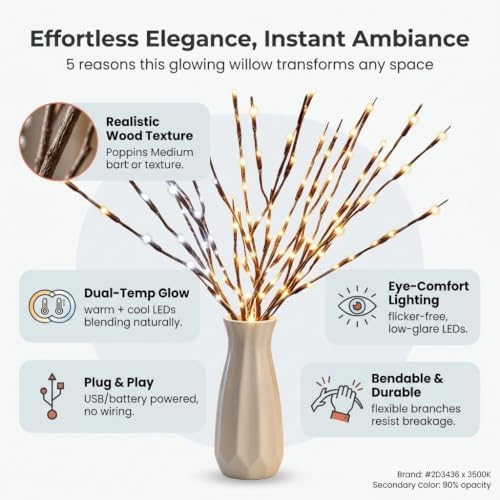 DK177 2Pack Warmlight + 2Pack Whitelight Led Branch Light Battery Operated Lighted Branch Vase Filler Willow Tree Artificial Little Twig Power Brown 30 Inch 20 LED for Home Decoration