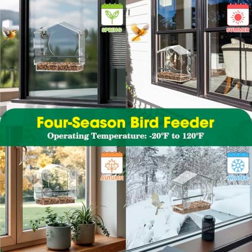 2Pcs Window Bird Feeder, Clear Acrylic Bird Feeder for Outside Window, Strong Suction Cups, Easy Fill & Clean Tray, Wild Bird Watching Gift for Nature Lovers (Large + Small)