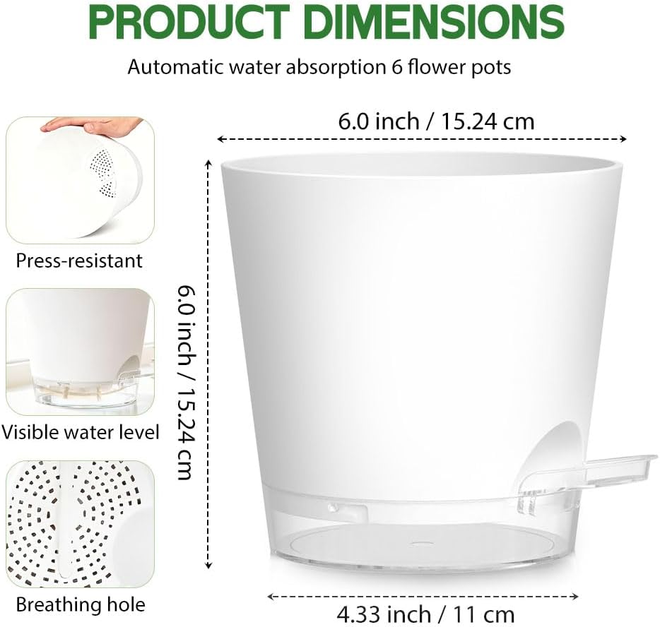 Self Watering Pots for Plants, 2026 New Flower Plant Pots with Drainage Holes, Wicking and Clear Reservoirs for