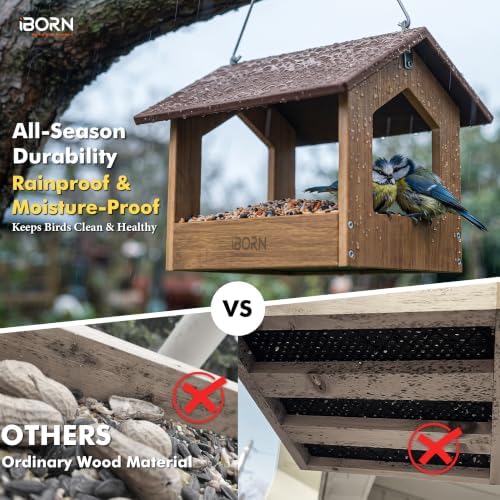 iBorn Pavilion Bird Feeder, Covered Platform Bird Feeder for Outdoors Hanging, WPC Recycled Plastic & Waterproof, Coffee