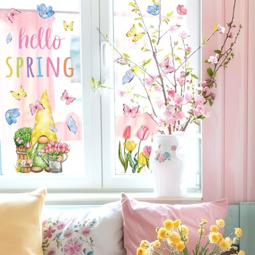 Whaline 6 Sheet Hello Spring Window Clings Pink Tulip Flower Floral Gnome Butterfly Reusable Window Glass Decals for Home School Office Party Supplies