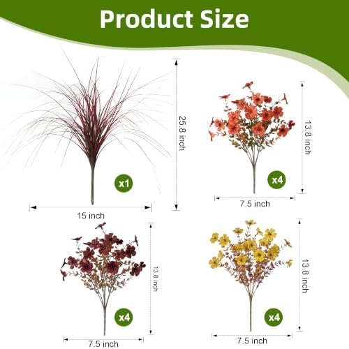 Ivydale Artificial Mums Flowers for Outdoors 12 Pcs + Burgundy Grass