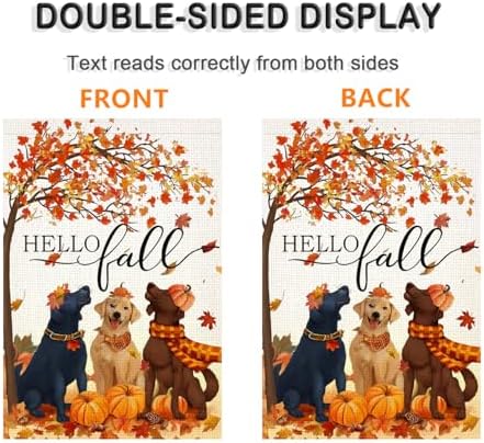 LosFong Hello Fall Dogs Garden Flag 12x18 Inch Double Sided Burlap Autumn Maple Leaves Pumpkin Farmhouse Small Yard Flag for Outside Decoration (Fall)