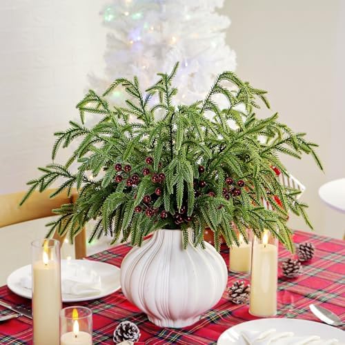 Norfolk Pine Branches Red Berry Stems 17" Artificial Christmas Greenery Picks Fake Pine Needles with Holly Berries for Xmas Tree Filler Decorations Festival Holiday Vase DIY Garland Craft (8, Green)