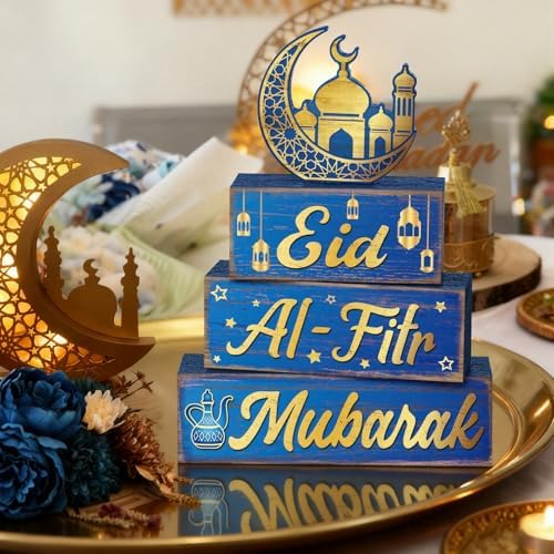 Yousoontic 4 Pcs Eid Mubarak Wooden Table Decor, Ramadan Mubarak Tiered Blocks Islamic Muslim Tabletop Decorations, Moon and Lantern Design, Blue and Gold Eid Table Centerpiece for Home Office