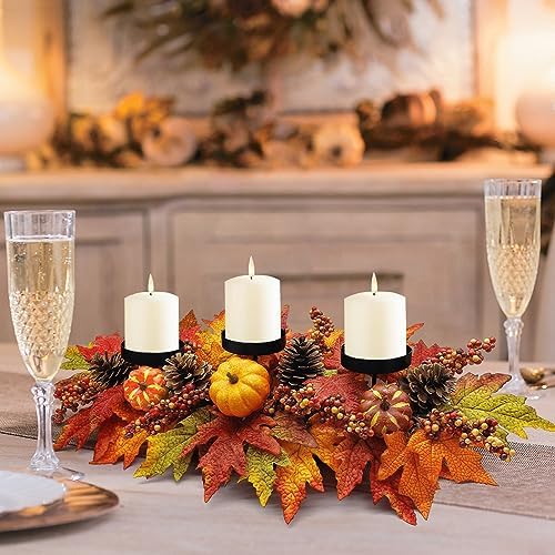 Thanksgiving Centerpiece Fall Table Decorations, Artificial Pumpkins, Pine Cones, Maple Leaves and Berries, Harvest Table Candle Holder for Dinning Table, Fireplace Mantel (Candle Not Included)