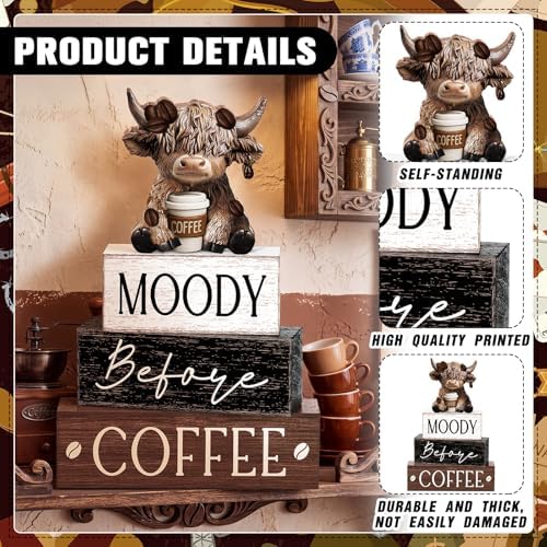 Yousoontic 4 Pcs Coffee Highland Cow Figurine, Rustic Farmhouse Decor