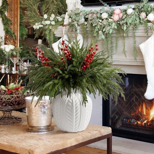 15 Pcs Christmas Norfolk Pine Branches Red Berry Stem Faux Christmas Sprigs