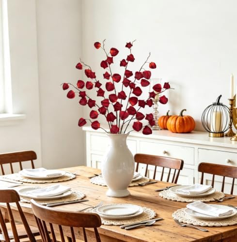 Oairse Artificial Chinese Lantern Flowers Stems - 6 Pcs Artificial Physalis Stems Faux Plants 29.5" Bendable Dark Red Fake Fall Berry Branches for Vase Bouquets Wedding Home Office Halloween Decor